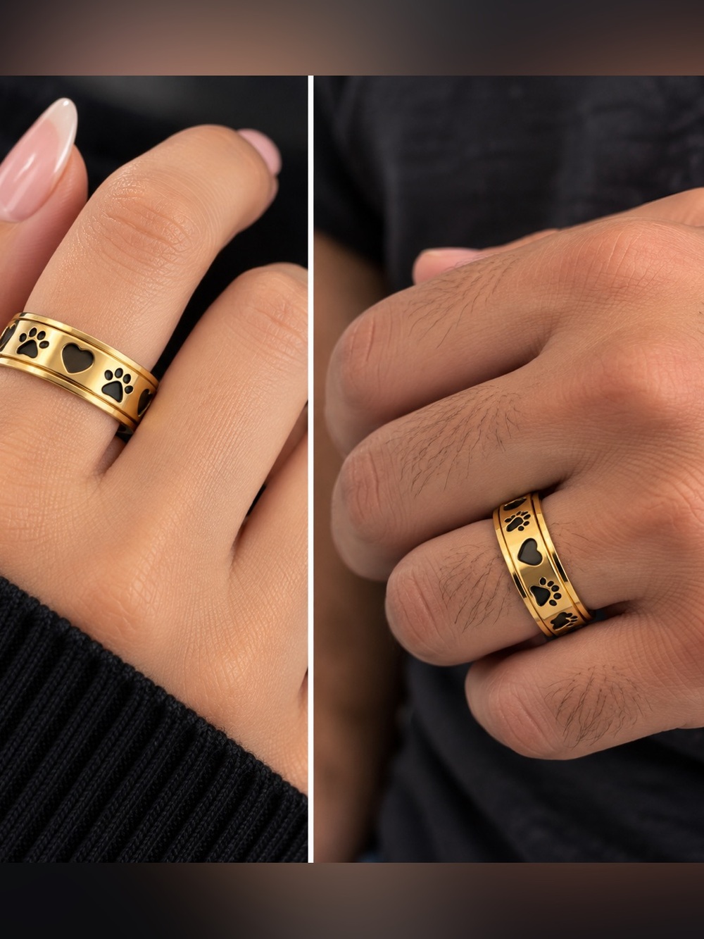 Stainless Steel Gold Tone Paw Print Heart Spinner Ring Size 9